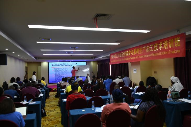黄洁研究员为“2019年几内亚热带粮食作物与果树生产加工技术培训班”授课